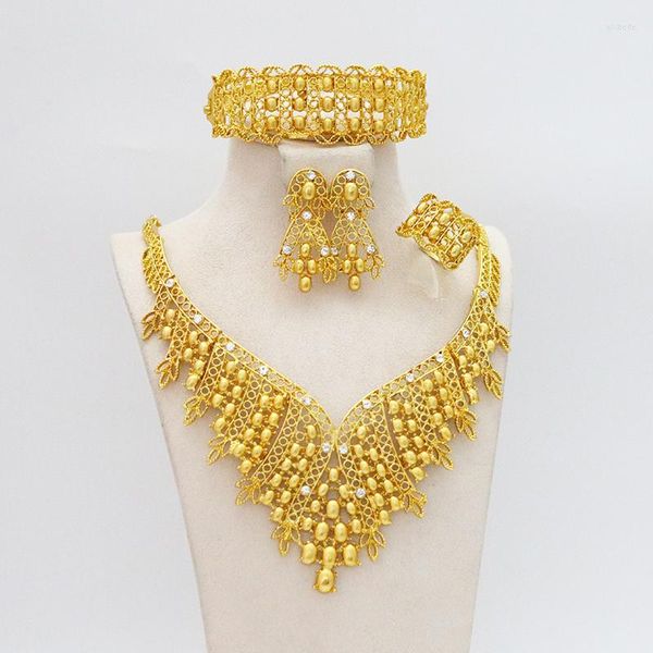 Halskette Ohrringe Set Hochzeit Mode Gold Schmuck Perle Diamant Frauen Anhänger Statement Afrikanische Perlenohrring Armband