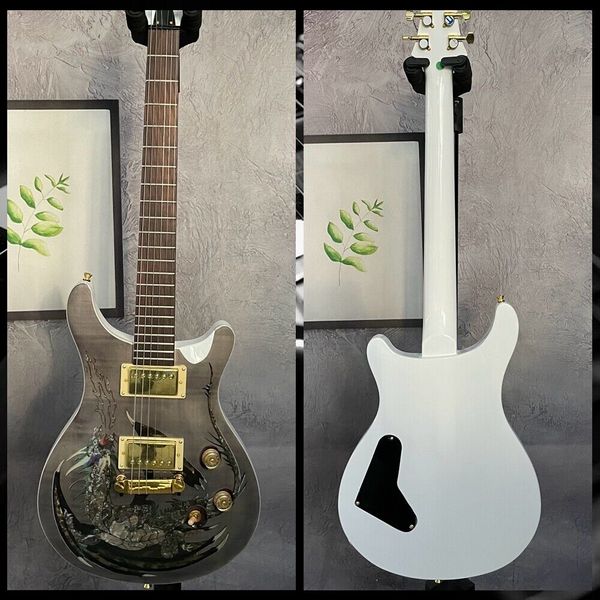 Paul Dragon Grey Flame Maple Guitarra Electric Abalone Birds Inclay, encadernação do corpo de madeira, hardware de ouro