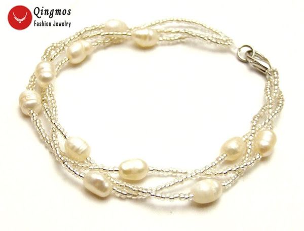 Pulseira de pérolas naturais Qingmos Strand para mulheres com 5-6 mm de arro branco de cristal de cristal de arroz 3 fios Bra431 BRA431