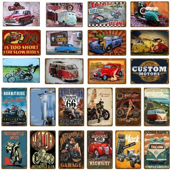 Pintura de barramento clássico Motocicleta Placa de metal de metal Decoração de casa Vintage Tin Sign Bar Pub Garagem Poster decorativo de placa personalizada e chique vegetal 30x20cm W02