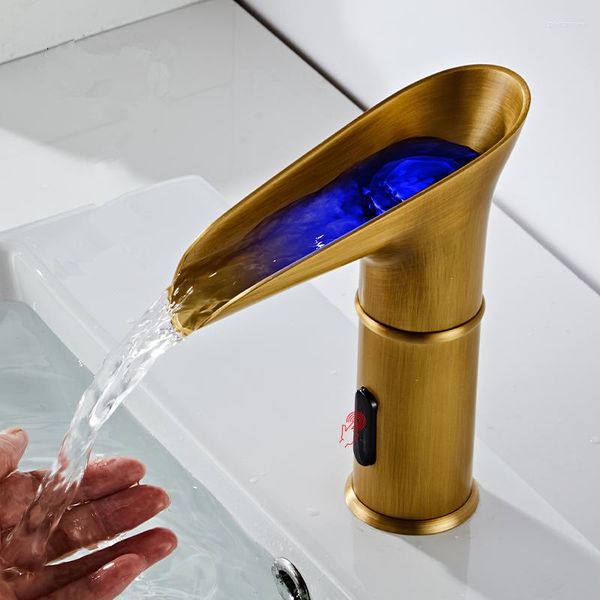 Badezimmer-Waschtischarmaturen, Messing, automatische Induktion, Waschbecken-Wasserhahn, Infrarot, intelligenter Sensor, Wasserfall-Wasserhähne, Hände, berührungsfrei und kalte LED