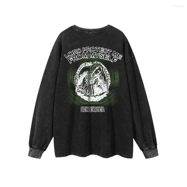 Erkekler Tişörtleri Gotik Baskı Tişörtleri Zincir Mens Retro Yıkanmış Siyah Uzun Kollu Gevşek Grunge Erkek Giysileri Sokak Giyim Üstleri Tees