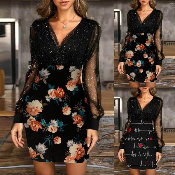 Freizeitkleider Damen Sexy Kleid Rock Langarm Spitze V-Ausschnitt Blume Bedrucktes Spleißen Mesh Party Mode Abend gewachsen