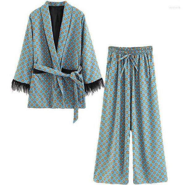 Giacche da donna 2023 Arrivo Giacca kimono stampata blu con maniche di piume Pantaloni a gamba larga allentati Cuasal Abiti da donna vintage
