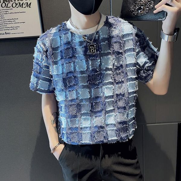 Herren T-Shirts Premium T-Shirt Mode Kurzarm Herrenbekleidung Sommer Top Camisa Strange Plaid 3D Spitze Blau Schwarz Koreanisch