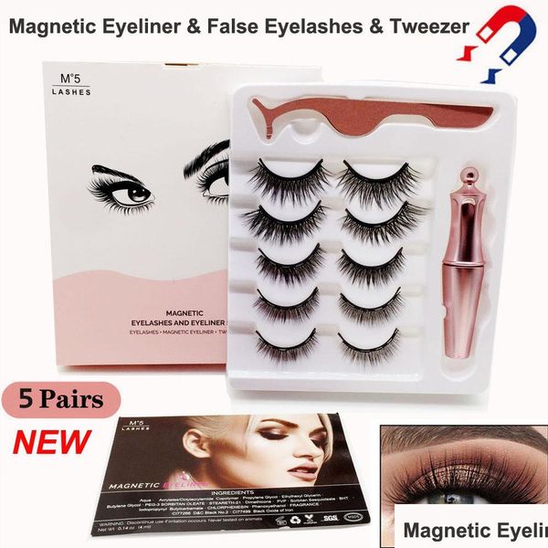 Ciglia finte 5 paia Magnetic Addliquid Eyeliner Addtweezer Kit aggiornato 3D Magnet Makeup Set Natural Reusable No Glue Drop Deliv Dh7Yq