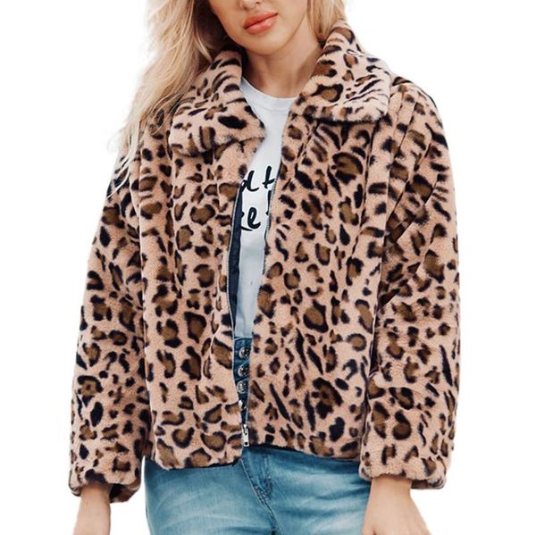 Moda feminina de peles FAUX Moda de inverno quente Mulheres leopardas casacos com capuz de casacos longos fora