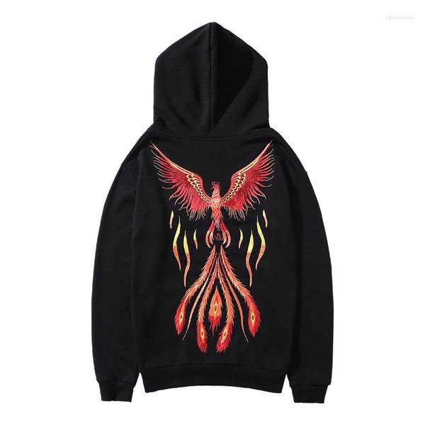 Hoodies masculinos Moda Black Men Black Style Chinese Bordado Capuz Red Phoenix Sweatshirt Sweatshirts de algodão solto Roupas