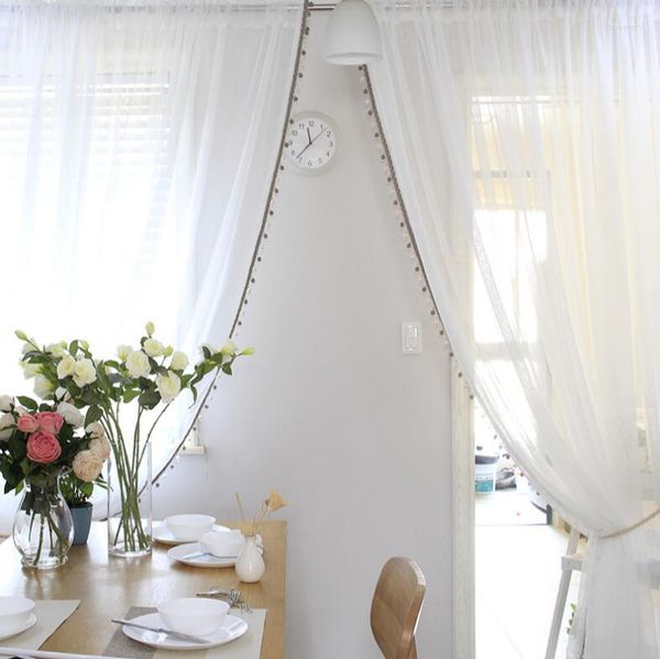 Cortina de cortina American Tulle Mordern Cortans para sala de estar Soft White Voile Gold Strip With Beads Bedroom 1pcs