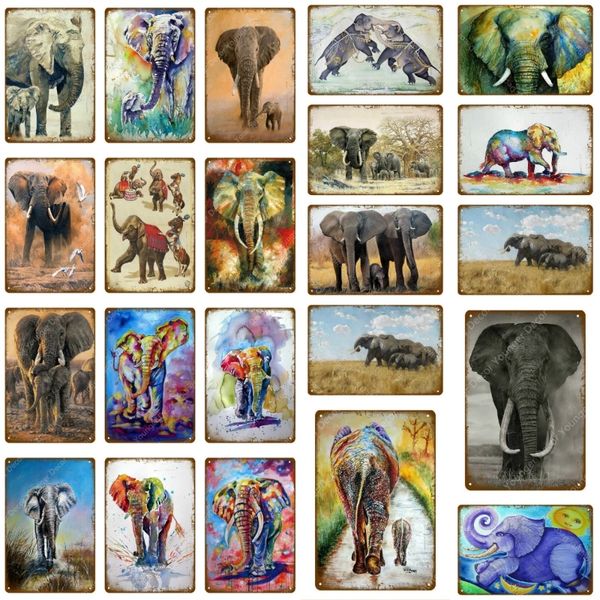 Vintage colorido elefante estanho pôsteres animais abstratos impressões a óleo sinais de metal pintura de arte de parede para pub bar sala de estar casa decoração personalizada tamanho 30x20cm w02