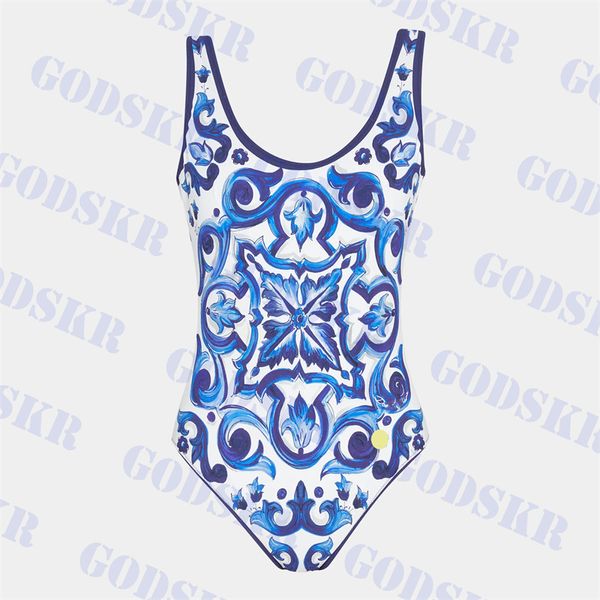 Costume da bagno intero in jacquard blu Bikini per donna Costume da bagno da donna sexy senza schienale