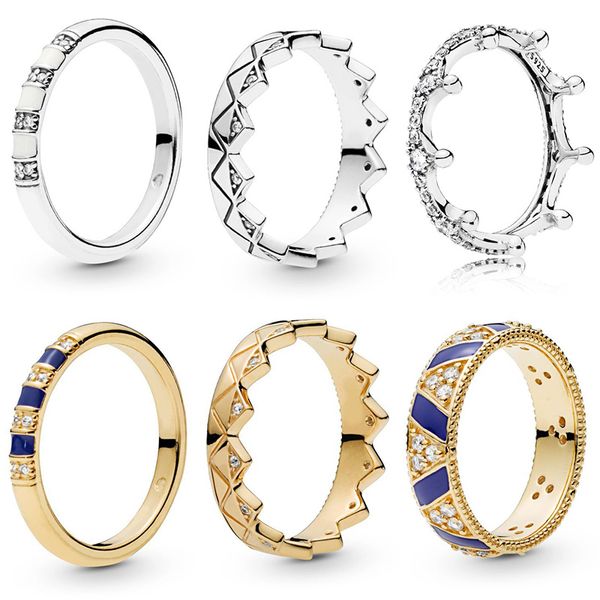 925 Mulheres prateadas FIT PANDORA RING ORIGINAL COROWN MODAÇÃO RING RING RINGS COROWN GOLD COM CRISTAL EXOTIC