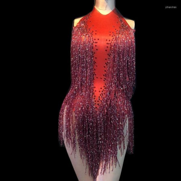 Stage Wear Donna Moda Vino Rosso Paillettes Nappe Costumi Slim Donna Strass Senza maniche Body aderente Body da donna