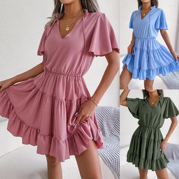 Vestidos casuais Vestido de folha de lótus da primavera e verão com grande fita A-line Salia lisa cor feminina elegante roupas de festa