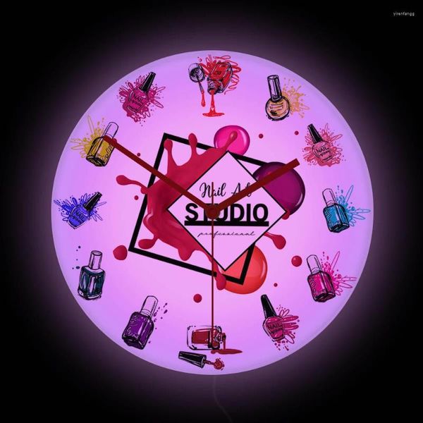 Настенные часы лак для ногтей для девочек комнаты Art Studio светодиодные световые знаки красоты маникюр салон световые часы подарок