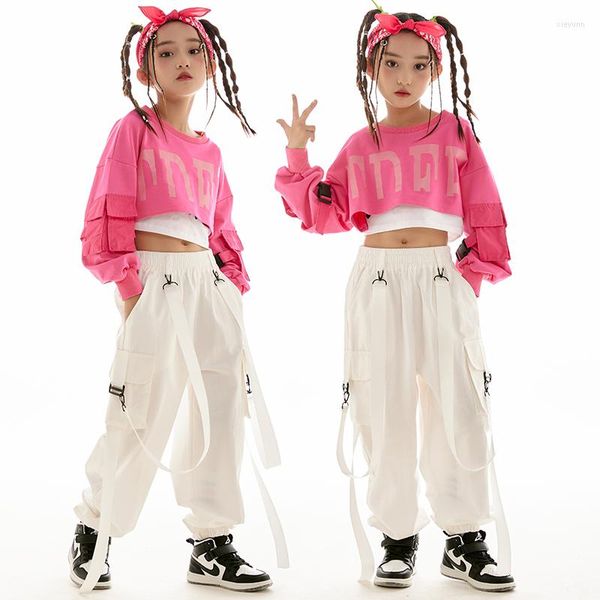 Bühnenkleidung Kpop Kinder Hip Hop Tanzkleidung für Mädchen Rosa Crop Tops Lose weiße Hosen Modern Jazz Performance Kostüm Rave Outfit BL9560