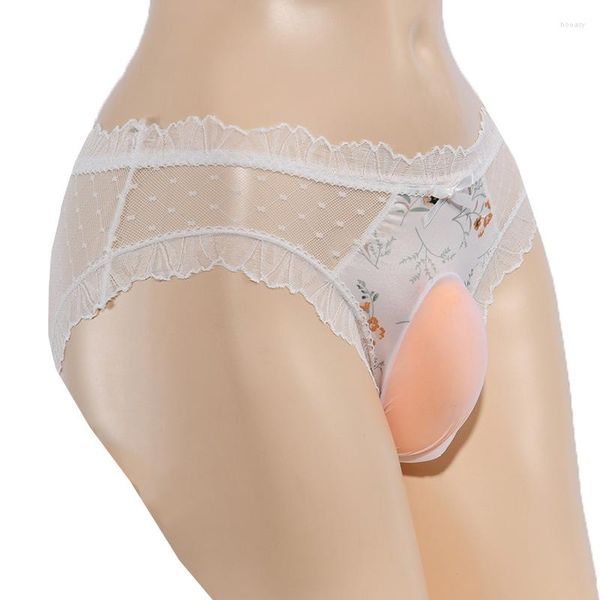 Mutande Porno Slip in pizzo stampato floreale Intimo uomo Custodia per pene in silicone Sissy Gay Thongs See Through Slip Homme Cuecas