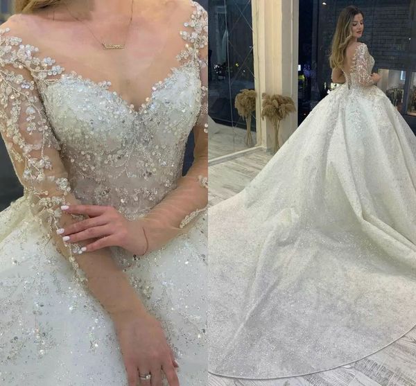 Abito da sposa in cristallo scintillante con scollo a V maniche lunghe 2023 Vestido De Noiva Lace Up Pageant Abiti da sposa con perline Custom Made Robe De Mariee