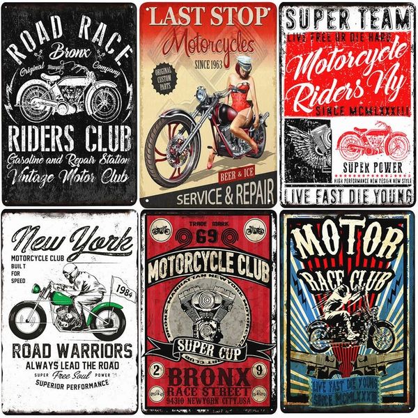Мотоцикл ретро -металлический знак винтажный нью -йоркский моторный клуб Tin Planque Garage Decor Rider Club Wall Poster Man Пещера Пещера 30x20 см W03