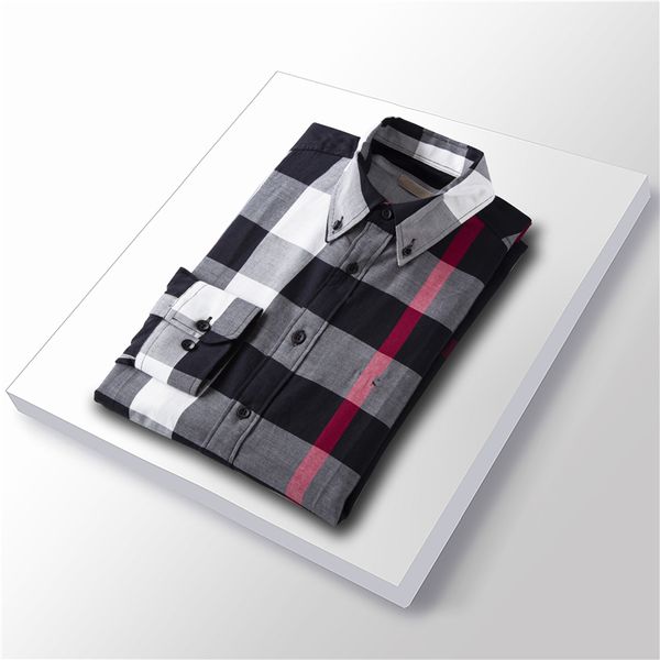 Herrenhemd Luxus Slim Seiden-T-Shirt Langarm Casual Business-Kleidung Plaid Marke 17 Farbe M-4XL BURR ##Shop7 KPC4