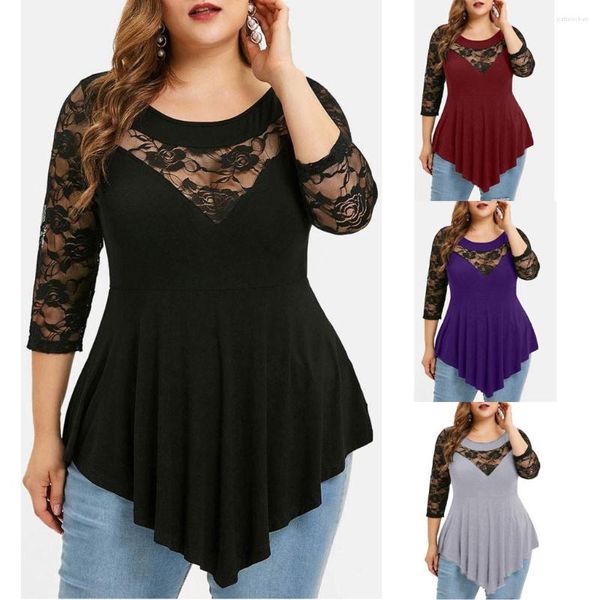 Damenblusen 40# Plus Size Frauen Solide Blumen Patchwork Spitze O-Ausschnitt Asymmetrische Dreiviertel-Tops Bluse Roupa Feminina Top Mujer Roupas