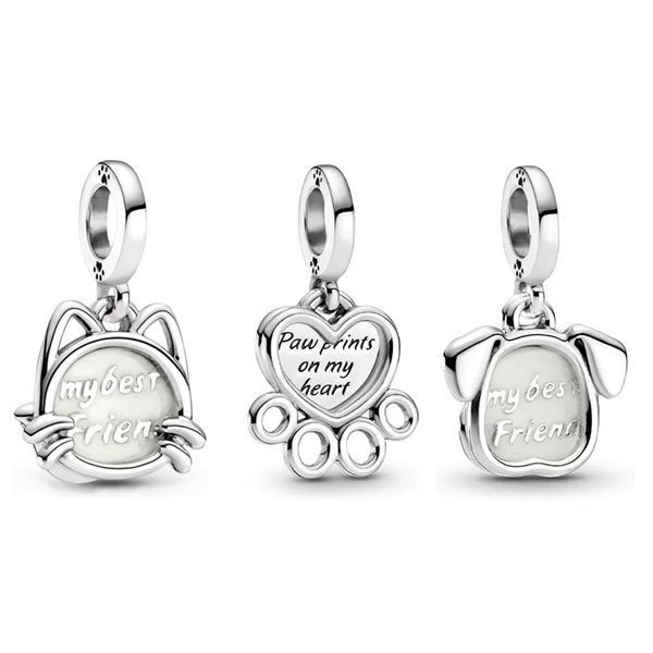 Pandora S925 Sterling Silver Pet Cat Dog's Cuore Artigli Stampato Fascino Appeso Gioielli Adatto per Bracciale Gioielli di moda fai da te