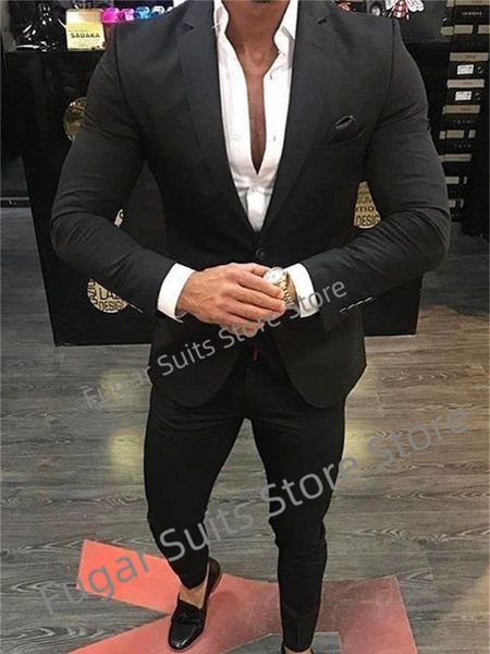 Ternos masculinos Business Black Wedding Men Slim Fit Fit Fished Lapel Groom Tuxedos 2 Peças Conjuntos de Luxuly Masculino Blazer traje Homme