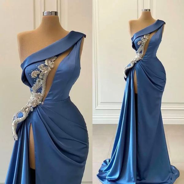 Ballkleid, Partykleid, neue Abendkleider, Kristall, Übergröße, formell, für Mädchen, Festzug, Perlen, Satin, bodenlang, Saudi-Arabisch, One-Shoulder, ärmellos, Muslim