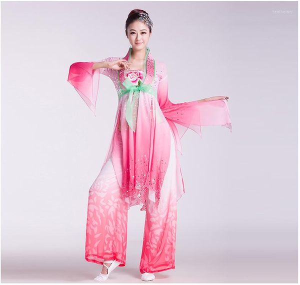 Bühnenkleidung Yu Mei Ren Pink Hong Dou Zwei-Wege-Oberteil Chiffon-Tanzkostüm Klassik Folk Modern Fan und Regenschirm