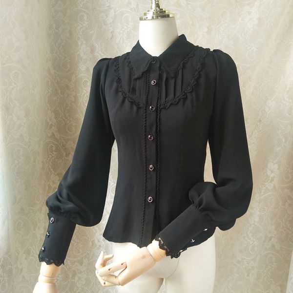 Women S Bluses Shirts Gothic Chiffon Button Down Bluse Weiß schwarzes Lolita -Hemd mit spitzem Kragen 230303