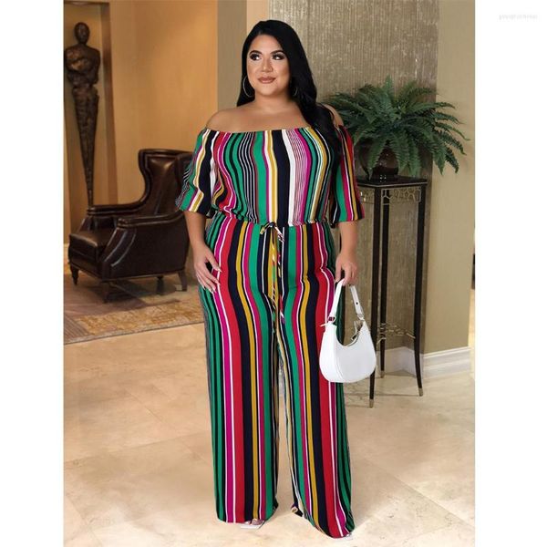 Calça plus size roupas femininas outono de queda de moda casual colorido listrado listrado pernas largas macacão