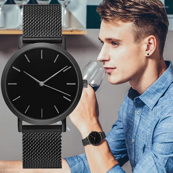 Armbanduhren Mode Einfache Uhren Männer Schwarz Edelstahl Mesh Band Quarz Casual Herren Reloje Masculino