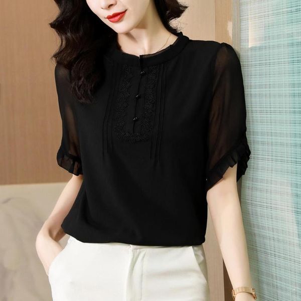 Женские блузки сексуальные с коротким рукавом черные шифоновые рубашки Женщины свободные винтажные Blusas Mujer de Moda 2023
