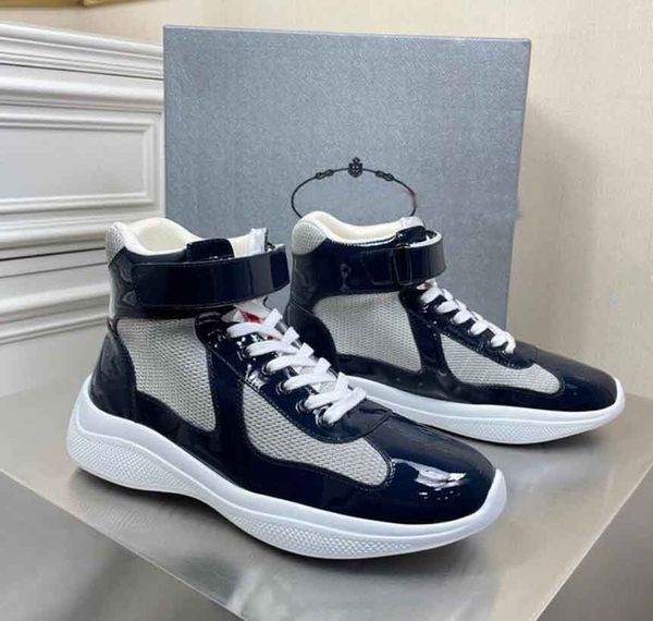 Berühmte Designer Americas Cup Männer Freizeitschuhe Leichte Gummisohle Trainer Red Label Zunge Sport Stoff Lackleder Sneakers Walking schwarz weiß blau