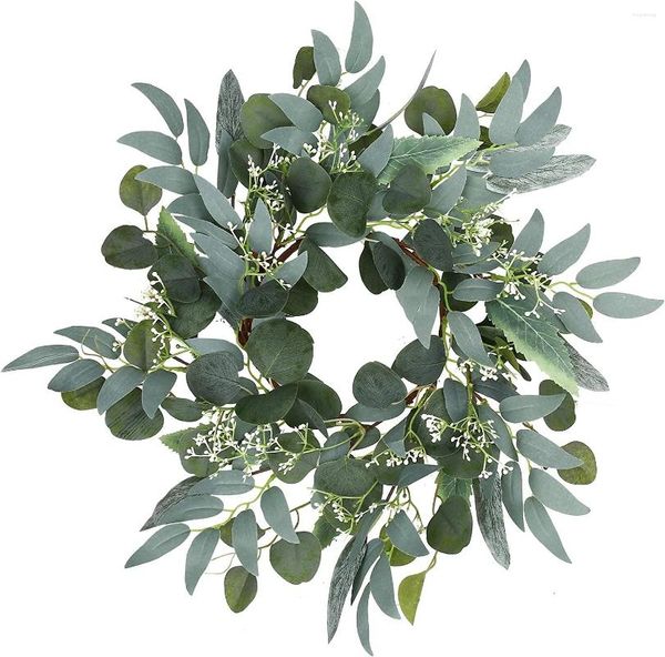 Dekorative Blumen, künstlicher grüner Eukalyptus-Kranz, 38,1 cm, Grün mit Büscheln aus weißen Mini-Frühjahr/Sommer