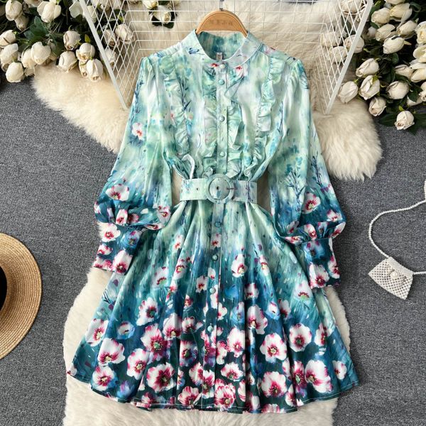 Blume Drucken Femme Vestidos Casual Kleider 2023 Sommer Holz Ohr Stehenden Hals Schlanke Taille Laterne Hülse Gefaltete Lange Kleider