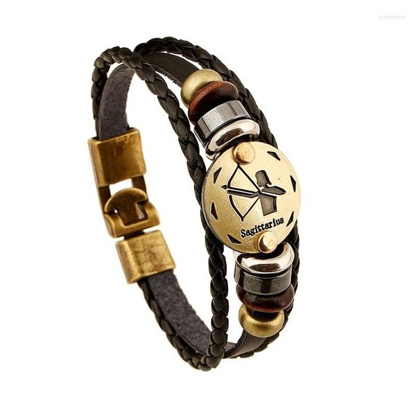 Charm-Armbänder, modische Bronze-Legierung, Schnallen, Sternzeichen-Armband, Punk-Leder, Holzperle, schwarzer Hämatit, Liebhaber-Schmuck