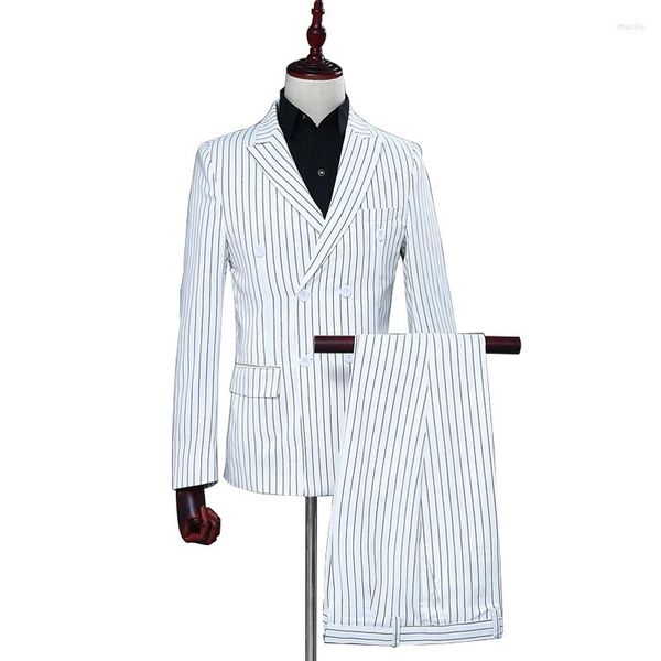 Abiti da uomo Giacca elegante da uomo a righe bianche con pantaloni Set da 2 pezzi Giacca formale da uomo d'affari sottile per spettacoli Cappotto doppiopetto da festa