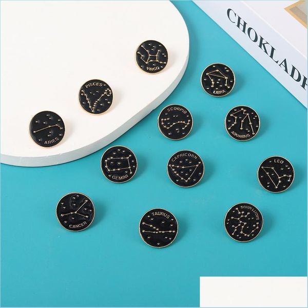 Acessórios de desenhos animados Black Round Clenge Constelação Símbolo Significado Broches Pinos de esmalte FashionJewelry Backpack Festiva DHBV3