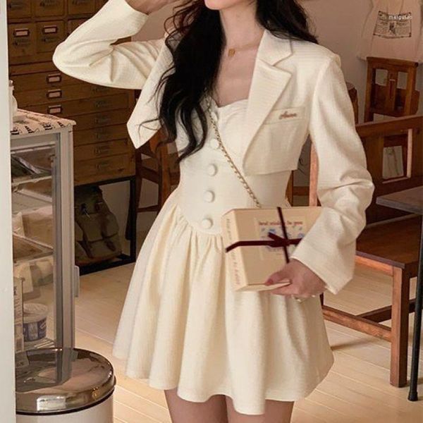 Sıradan Elbiseler Zarif Vintage Mini Elbise Kadınlar 2 Parça Set Kore Giyim Ceket Katlar Kısa Partisi Kadın 2023 Sonbahar