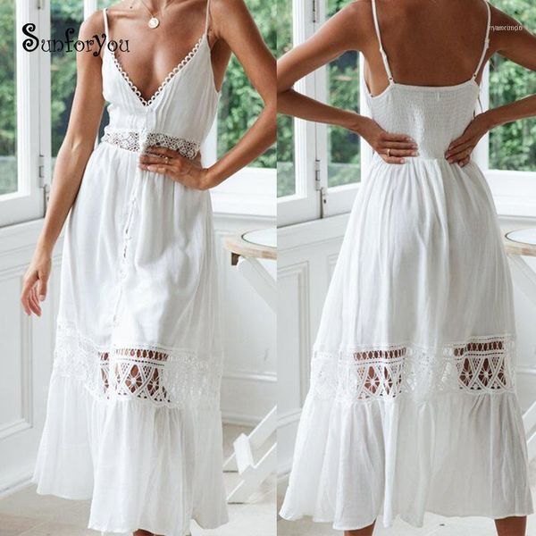 Abiti casual sexy estate bianca una linea all'uncinetto di cotone bohémien in pizzo patchwork senza maniche a vccino a V maxi long long Sarong Robe Plage11