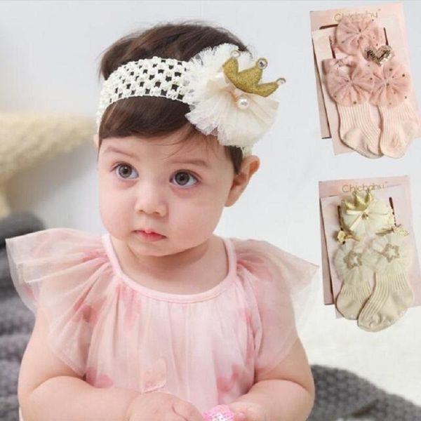 Calzini Born Baby Girl Set adorabile fascia per capelli Bowknot Corona in pizzo Copricapo Simpatico animaletto Decor Accessori per capelli Set regaloCalzini