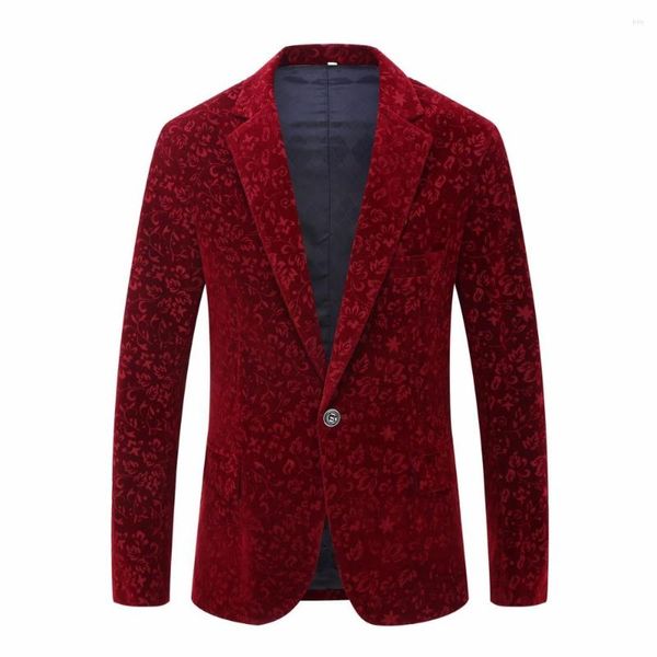 Abiti da uomo 2023 Uomo Autunno Inverno Vino Rosso Bordeaux Velluto Motivo floreale Giacca Slim Fit Blazer Disegni Costumi di scena per cantanti