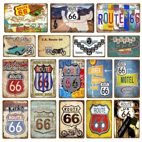 Vintage Rota 66 Sinais de lata de metal American Road Car Motorcicles Placa Poster Retro Pub Bar Club Clube Decoração de Garagem Decoração Personalizada Tamanho 30x20cm W02