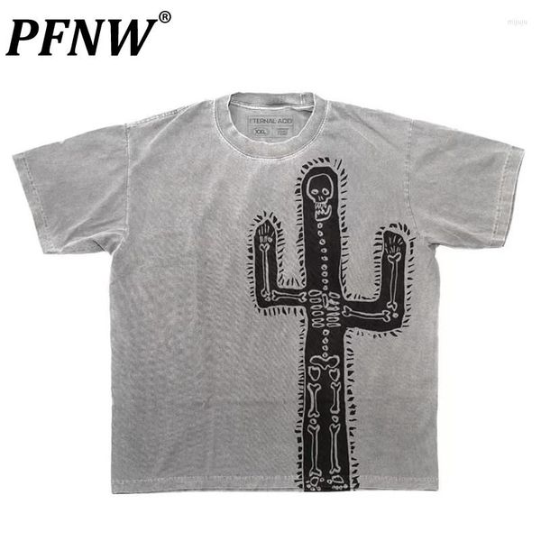 Magliette da uomo PFNW Primavera Estate T-shirt da uomo Tide fatta a mano Trendy Skeleton Desert Cactus Manica corta Vintage Cool Tops T-shirt per il tempo libero