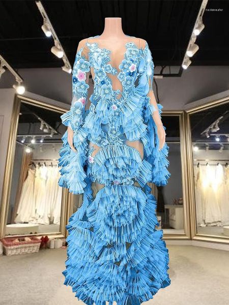 Stage Wear 3D Flower Dress Cake Layered Sexy Sky Blue Mesh See Through Rave Evening Costume Performance Dance Show Celebrate Outfit