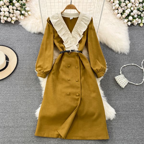 Abiti casual vintage Vestidos De Mujer Elegante scollo a V Colore a contrasto Patchwork Ruffles Robe Femme Cintura Vita sottile Abiti doppiopetto 2023