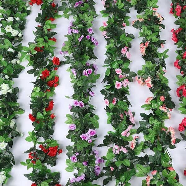 Flores decorativas 220 cm de rosa artificial plantas de videiras penduradas folhas de vegetação cenário de cenário de parede decoração de parede UV Protectado interno