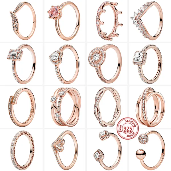 925 Silber Damen-Ring für Pandora, Original-Herzkrone, modische Ringe, Krone, mehrschichtig, funkelndes Roségold