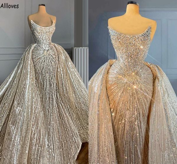 Потрясающие кристаллы Свадебные платья русалки с съемными поездами без бретелек Дубай Арабские Марокканские Турция Свадебные платья трубы